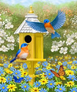 Colorful Garden Bluebirds And Birdhouse Paint by numbers