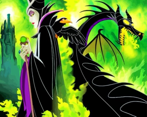 Maleficent And Dragon With Green Backgound For Painting By Numbers