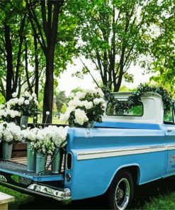 White Flowers In Back Of Blue Truck With Painting By Numbers