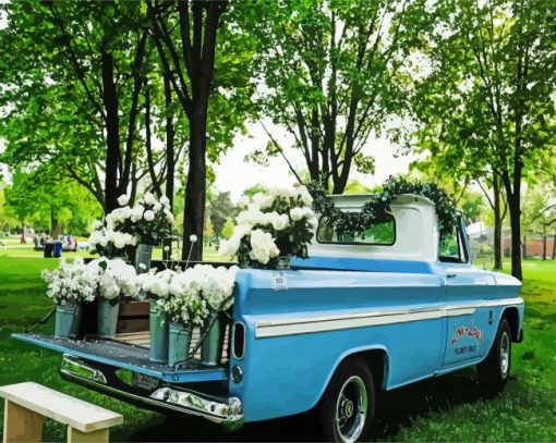 White Flowers In Back Of Blue Truck With Painting By Numbers