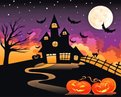 Full Moon Night Bats Halloween Scene Paint By Numbers