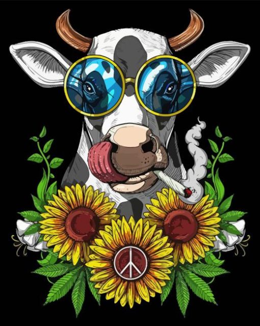 Hippie Cow With Sunflowers Paint By Numbers