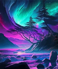 Purple Landscape With Aurora Lights Paint By Numbers