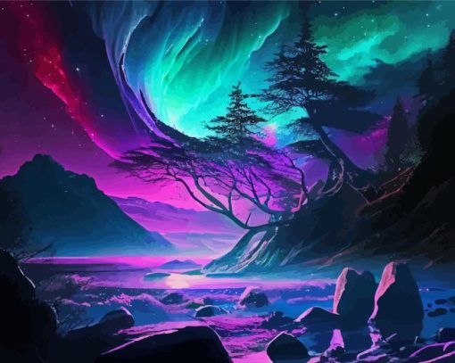 Purple Landscape With Aurora Lights Paint By Numbers