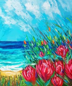 Pink Flowers With Seascape Paint By Numbers