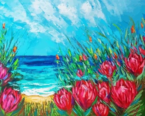 Pink Flowers With Seascape Paint By Numbers