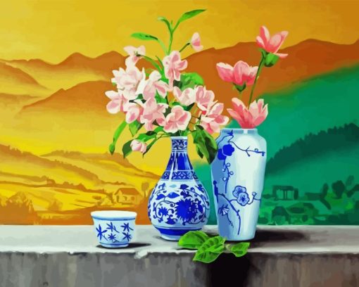 Pink Flowers Chinese Vase Paint By Numbers