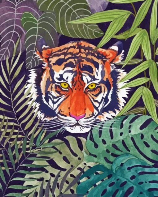 Wild Tiger Behind Large Leaves Paint By Numbers