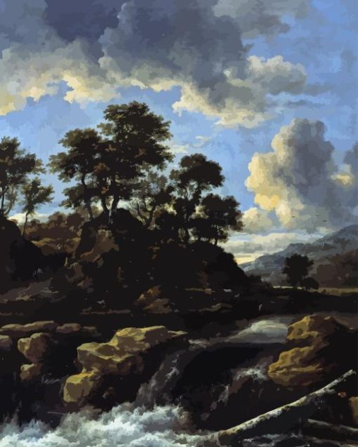 Waterfall At Sunset By Ruisdael Paint by Numbers