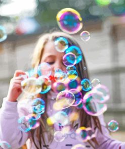 Girl blowing colorful bubbles paint by numbers