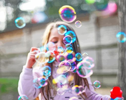 Girl blowing colorful bubbles paint by numbers