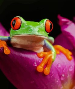 green Frog on a purple tulip paint by numbers